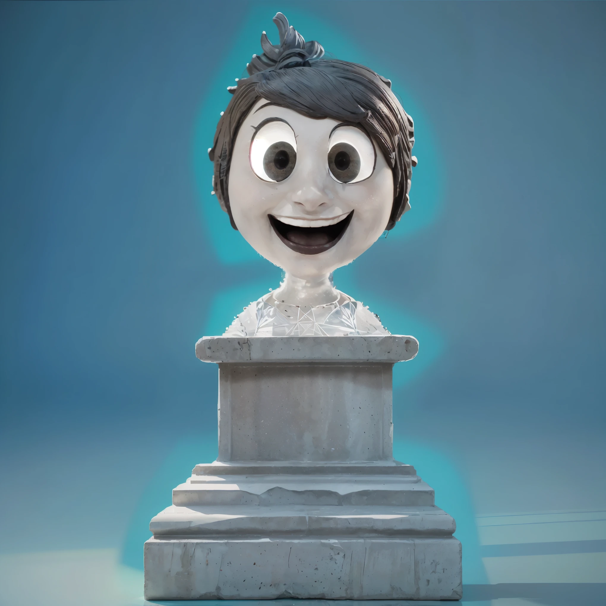 This is a monument depicting Joy from the animated movie "Inside Out." The statue, set on a classical pedestal, captures Joy's energetic and cheerful essence, showcasing her big, bright eyes and wide, joyful smile. Her hair, lively and untamed, adds to the character's dynamic and optimistic personality. The bright turquoise backdrop accentuates the statue, emphasizing its playful and spirited nature. vibrant contrast to his attire and accessories.аffects render, (glossy plastic texture with multiple big light probe refractions), perfect cgi, smooth silhouette, high intensity refraction, (super glossy plastic material), most beautiful vfx, , realistic, 4k, high resolution, rim light, smooth 3d model, multiple light sources, rim light, sharp post effects render,, realistic, 4k, high resolution, rim light detailed digital art, reflective, best quality, 4k, masterpiece:1.2, ultra-detailed, realistic, vivid colors, The image of the highest quality, ensuring every detail showcased perfectly. It in 4k resolution, allowing viewers to immerse themselves in the richness of the colors and intricate details. The realistic rendering. under the spotlight, reflecting, high-resolution image, realistic rendering