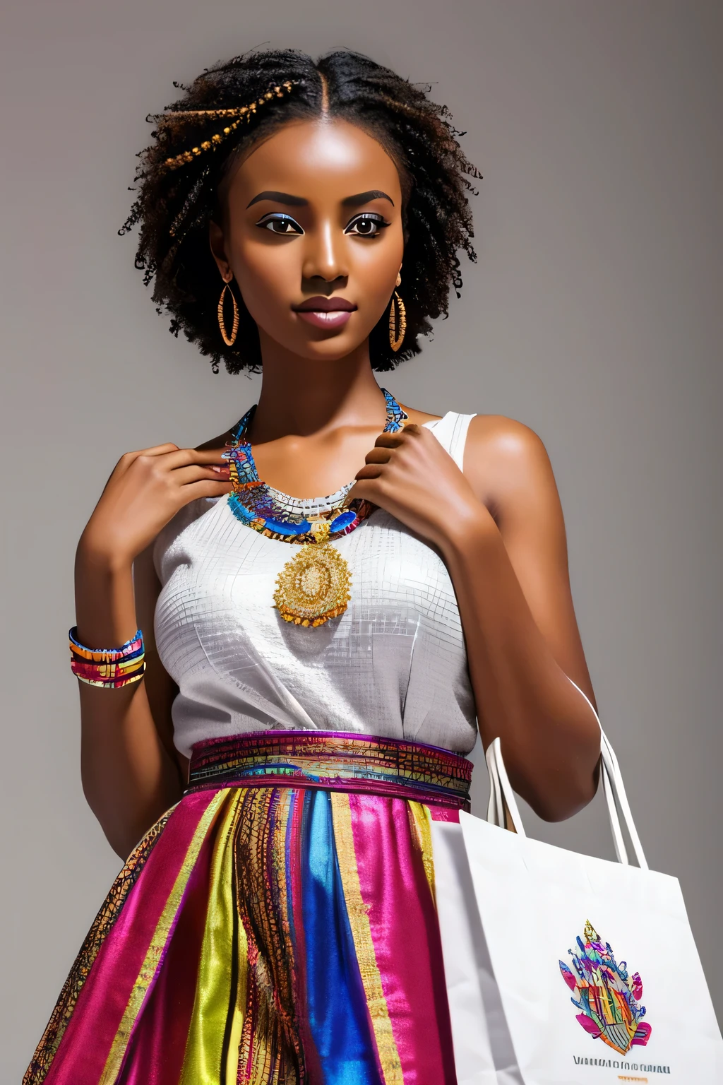 ((masterpiece, better quality)),illustration, ultra detailed 8k,photorealistic,sharp focus, very detailed, professional lighting, colorful details, iridescent beautiful Ethiopian Fashion Mode women with a shopping bag on her hand 1126X400 pixel, in White studio background.