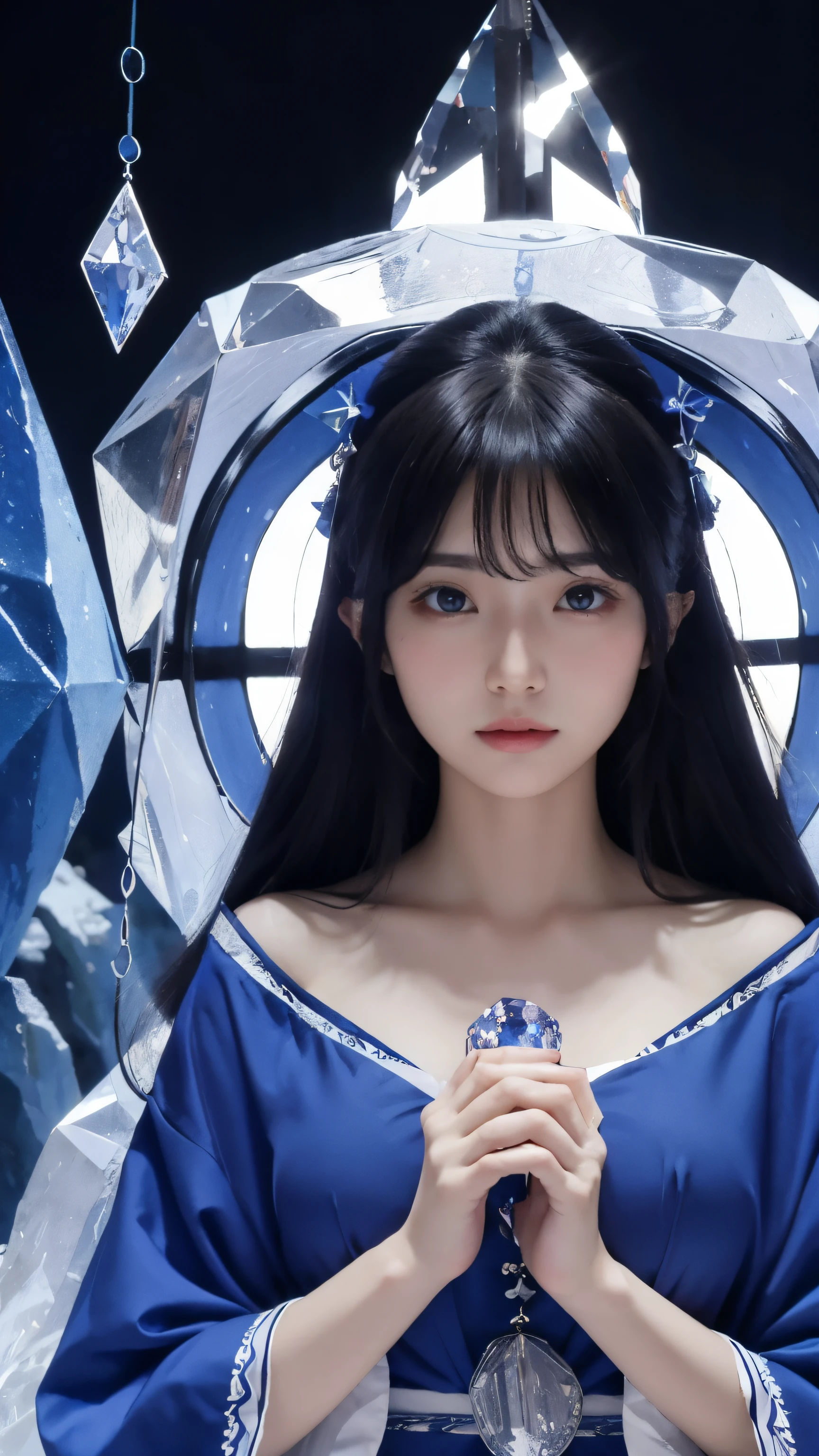  4K Female Fortune Teller Medium Hair Holding a Crystal Blue Shrine Maiden-like Clothing Upper Body Large Face Facing Forward 