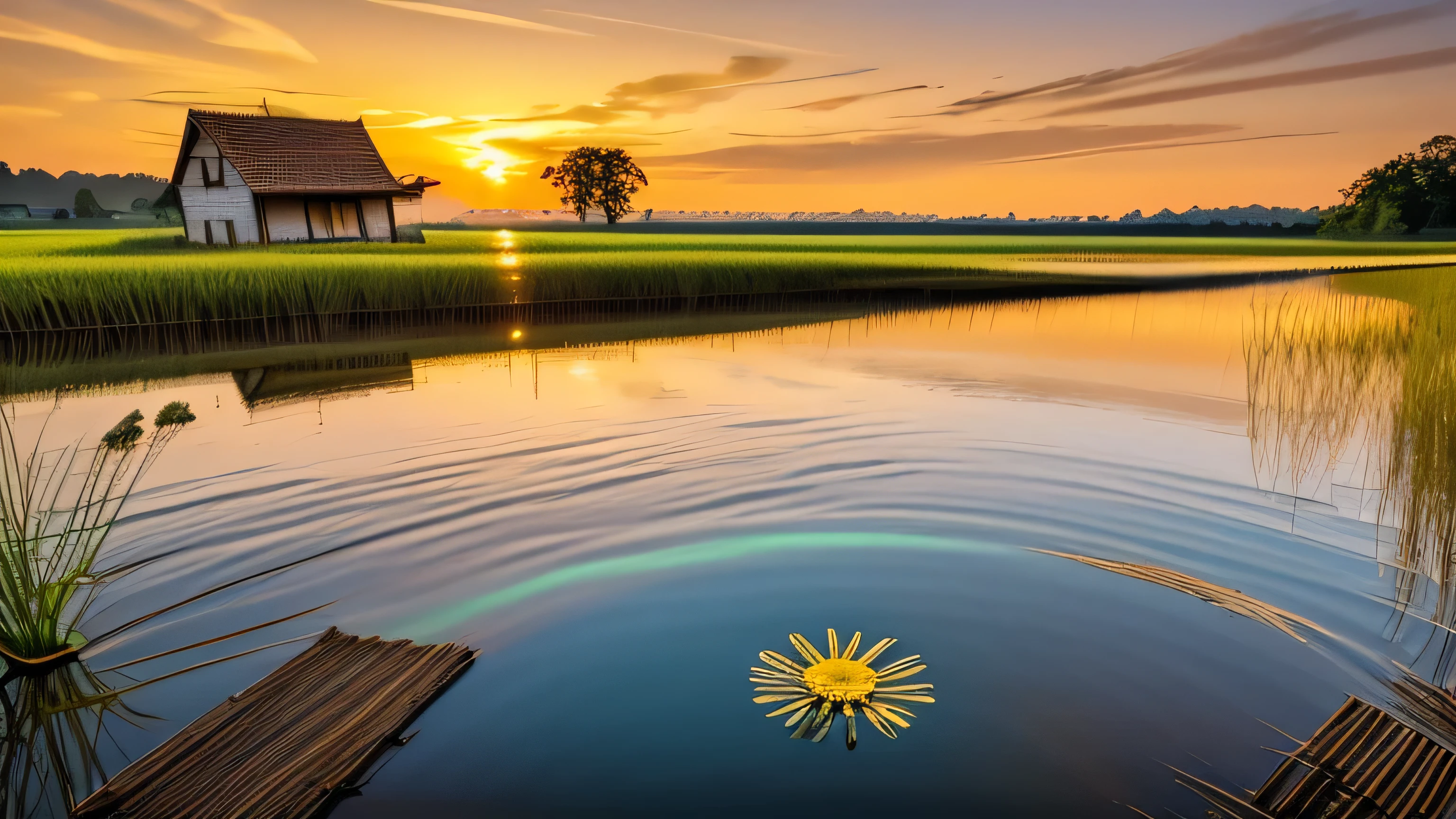 Vibrant oil on canvas, capturing the warm hues of a sunset at the serene rice fields near a quaint village, where rustic wooden houses seemingly blend into the lush greenery. Soft, feathery brushstrokes evoke a sense of tranquility, as the sky is set ablaze with burnt oranges, fiery reds, and deep purples, reflected in the glistening water-filled paddies. The air is thick with the scent of blooming wildflowers, and the atmosphere is tranquil, with hints of golden light dancing across the scene, inviting the viewer to step into this idyllic world.