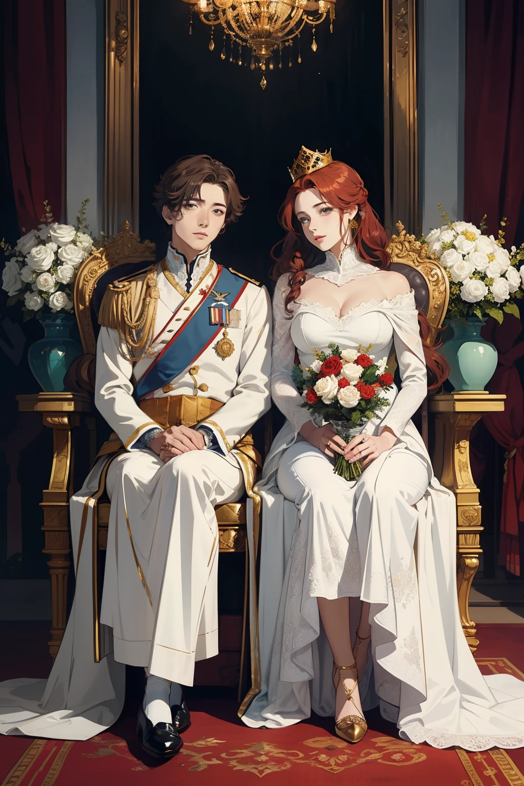 ((Best Quality)), (detailed) couple, red hair, seductive and serene green eyes, White skin, seated on a throne and crowned with golden laurels, they look like brothers.
a paraguayan flag hanging. 1845 vases with burucuyá flowers and roses.
supreme and royal atmosphere. ((19th century)), ((anime))