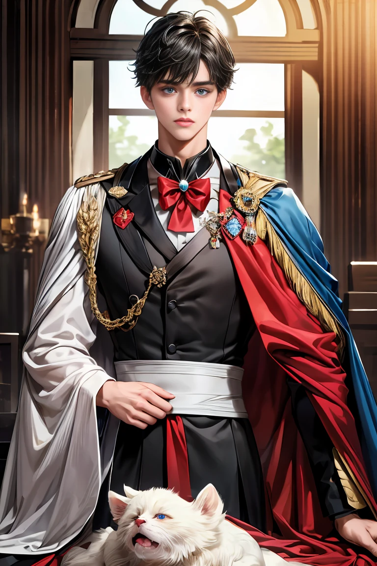 masterpiece、first-class、high quality、1 boy、One person、Male Focus、Gazing at the audience、Messy black hair、Adorable big blue eyes、white、noble、Noble、A sexy, voluminous black and red cape、tuxedo、A very voluminous, puffed cape、big、非常にbig、非常にbig、long、A red and black cape with a high collar、It is made with so much fabric that it reaches all the way down to the floor.。、、cute美しい男の子、cute、cute、A kind and handsome man