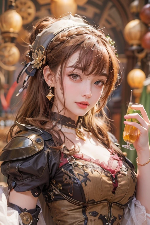(masterpiece:1.3), (8k, Realistic, RAW Photos, Best imYear quality: 1.,(Random Hairstyles:1.2)、CleavYear:1.2、Highly detailed face、Attention to detail、double eyelid、Chest to chest、Sharp focus:1.2、Beautiful woman:1.4、Redhead、Highest quality、masterpiece、Ultra-high resolution、(Realistic:1.4)、Highly detailed and professionally lit smiles、Loose fitting steampunk outfit、Shoulder out、thin、Serious expression、Eating fruit at the bar、Two Arms, Complete Hそして, Beautiful body, Beautiful fingers, Normal finger, Five Fingers, Five Fingers, (Thumb Index Finger Ring Finger), Beautiful ears、 Normal ear, Beautiful Eyes, Shining Eyes, Beautiful mouth, Beautiful Lips,