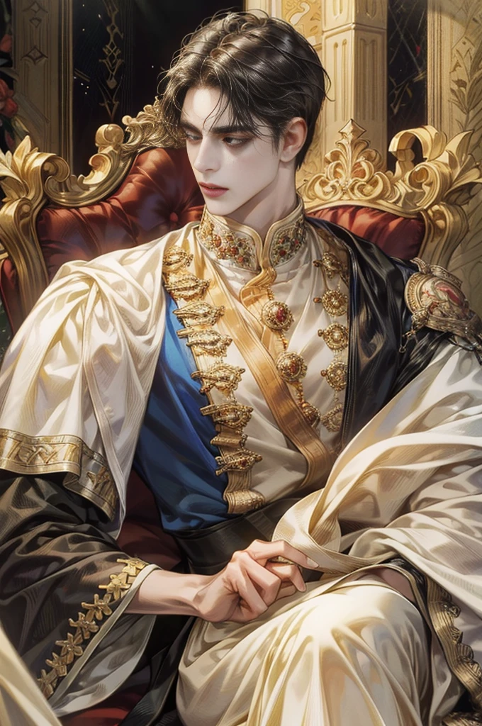 a handsome prince with curly black hair,royal uniform,sat on grand throne,holding golden necklace with ruby pendant,(best quality,4k,8k,highres,masterpiece:1.2),ultra-detailed,(realistic,photorealistic,photo-realistic:1.37),portrait,dramatic lighting,chiaroscuro,intricate details,jewel-toned colors,ornate throne,regal,majestic,manhwaartstyle