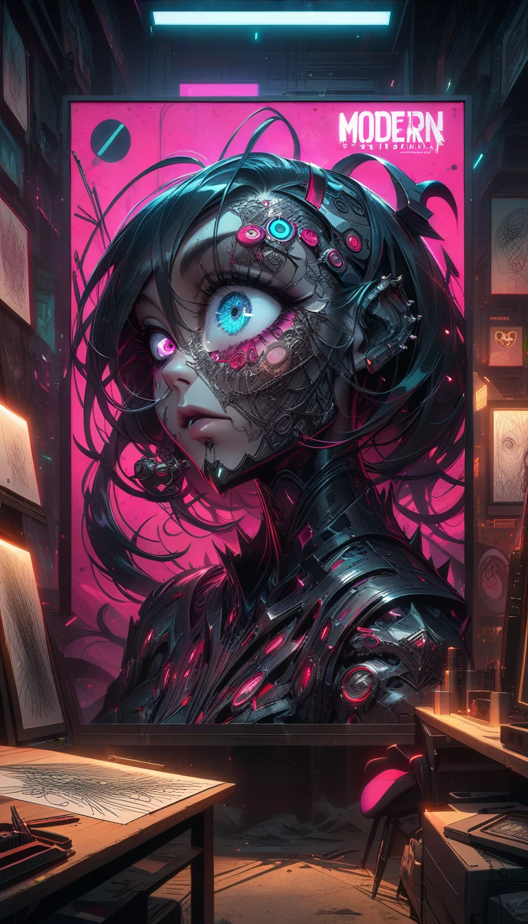 neon pink,greenish on,turquoise,dark tones,intense shadows,sinister lighting,disturbing atmosphere,disturbing contrasts,night scenes,light and shadow effects,diffuse figures,distorted elements,cold tones,unbalanced composition,harsh textures,unusual perspectives,harrowing elements,depth effects,surreal landscapes,claustrophobic feeling,threatening silhouettes,grotesque details, altered symmetry,discordant elements,surreal theme,tense atmosphere,unusual chromatic contrast,visual expression disturbing,deformed elements,visual distortion,chaotic composition,unnatural tones,distorted perspectives,distressing atmosphere,lighting