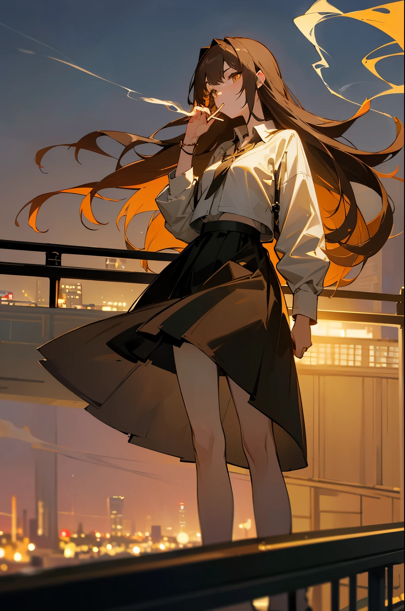 a beautiful tall girl standing beside her bike on a bridge, wearing a cool black skirt, beautiful golden eyes and long brown hairs that are swaying in the air, looking at the city lights, smoking with a cigarette in her mouth,
