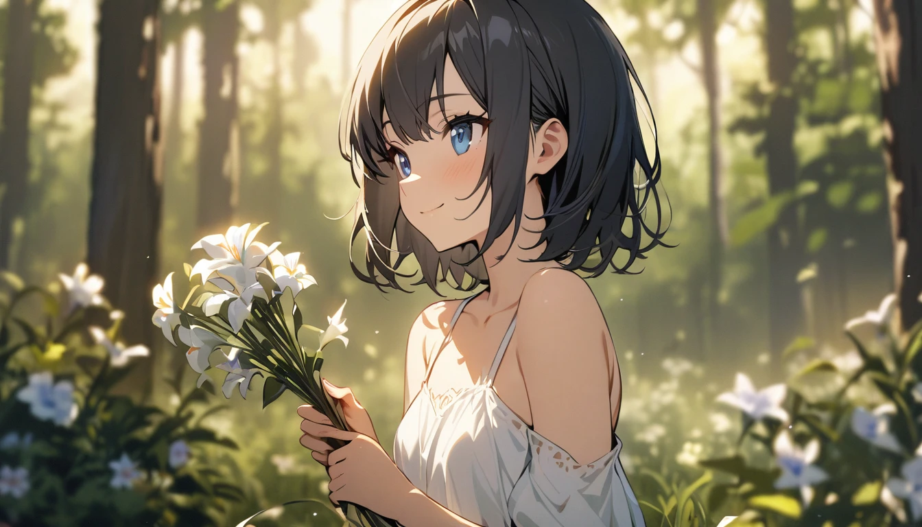 masterpiece,best quality,ï¼ 1girl, beautiful 1girl, solo, gentle smile on her face flat chest, short hair, black hair, beautiful blue eyes, sitting on grass, flowers, holding flowers, warm lighting, white dress, blurry foreground, (forest:1.5)
