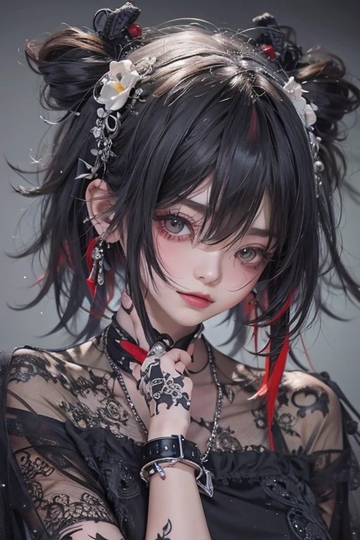 Highest quality、、masterpiece:1.3、Gothic Punk、Red on the inside、Gray Black Hair、hair ornaments、beautiful girl、creative、Punk Shirt、Neogoth、Goth Fashion:1.2、High resolution、masterpiece、Highest quality、頭w:1.3、((Hasselblad Photos))、Fine skin、Sharp focus、(Cinema Lighting)、Explore Tokyo'The city at night beyond the neon lights, Forehead open, 17 years old、Petting'Hair back、Shoulder Bare、Small red rose tattoo on the décolletage、Just one tattoo