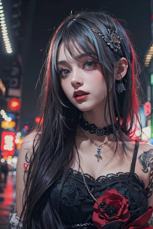 Highest quality、、masterpiece:1.3、Gothic Punk、Red on the inside、Gray Black Hair、hair ornaments、beautiful girl、creative、Punk Shirt、Neogoth、Goth Fashion:1.2、High resolution、masterpiece、Highest quality、頭w:1.3、((Hasselblad Photos))、Fine skin、Sharp focus、(Cinema Lighting)、Explore Tokyo'The city at night beyond the neon lights, Forehead open, 17 years old、Petting'Hair back、Shoulder Bare、Small red rose tattoo on the décolletage、Just one tattoo