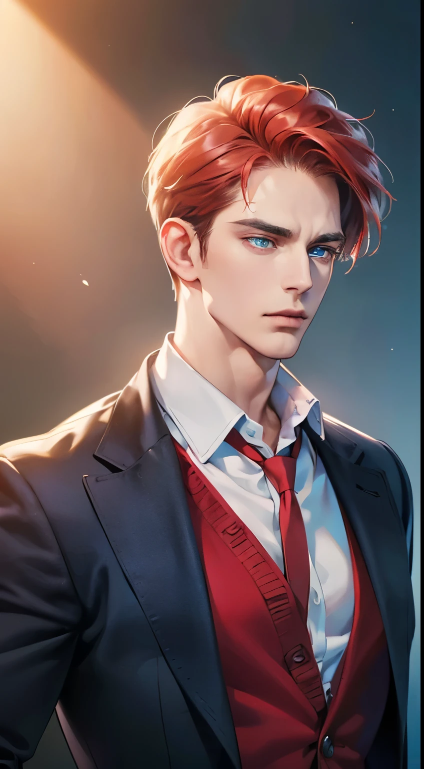 (best quality, masterpiece, 8K, photorealistic, cinematic lighting, 1:4 hdr image, ultra detailed, beautiful image), a mature man, 34 years very handsome, ((cold expression)), short red hair, blue eyes, face perfect without mistakes, ((buttoning his jacket, CEO))