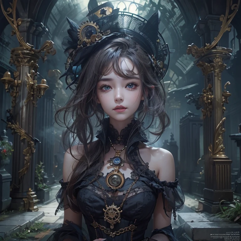 Standing in the grave、Hair flow、 ((Highest quality、masterpiece、8K、Best image quality、Ultra-high resolution、Award-winning works)、(Accurate anatomy:1.1)、(Look at me and smile:1.1)、Shining fair skin with Ultra-high resolution、The most detailed face、Ultra-high resolution detailed face、Ultra-high resolutionの髪の毛、(Ultra-high resolution eye:1.1)、Beautiful face drawn in every detail、Steampunk costumes, Chest to chest, Strange atmosphere, Ghosts flow, Dark Light, At the Cemetery, Heavy makeup