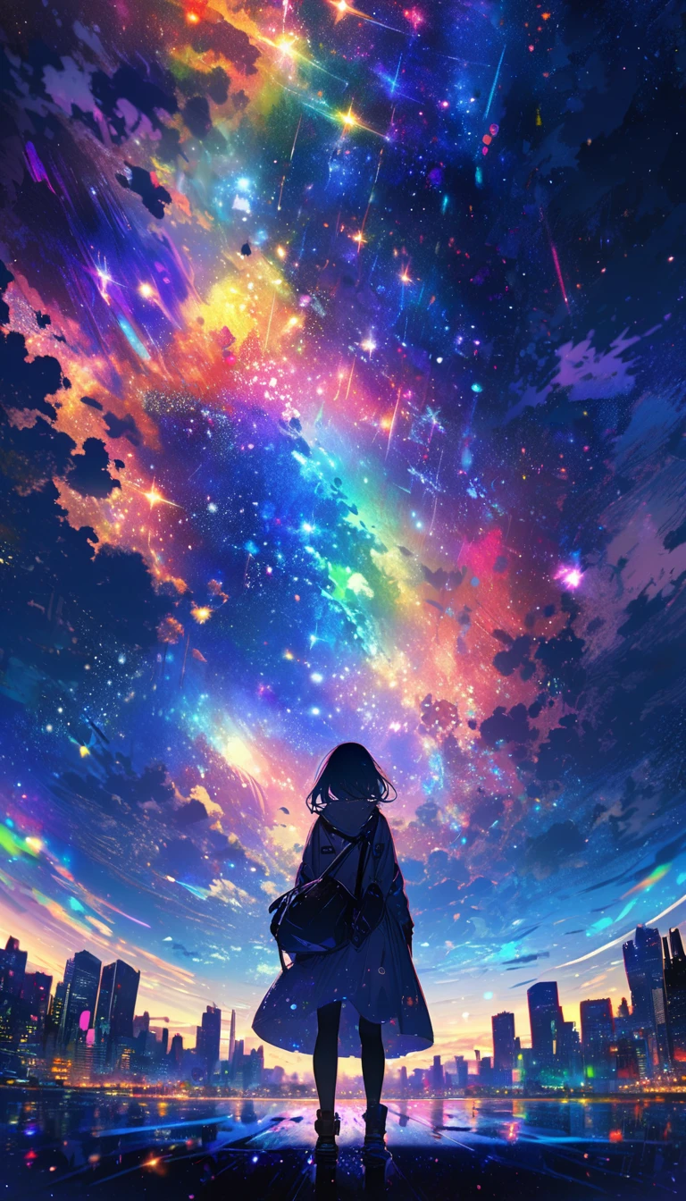 Angelic, detailed woman, midnight, nebula, after the rain, starry night, horizon, in the sky, city , colorful, high-res, 8K