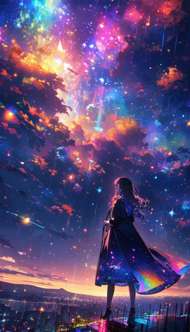 Angelic, detailed woman, midnight, nebula, after the rain, starry night, horizon, in the sky, city , colorful, high-res, 8K