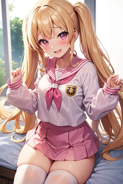 pretty girl、Young face、Blonde、Twin tails、Wavy Hair、Pink eyeischievous face、Spoiled brat、uniform、(Sailor suit)、Immature body、Small breasts、歯を見せたsmile、smile、Sweat、sexy panties、(Thick thighs:1.5)