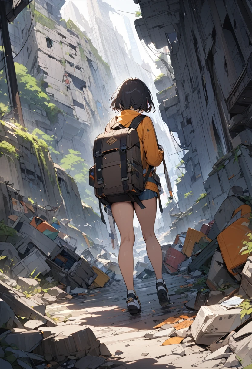 Heading to the Natural Ruins、Explorer。A big backpack full of stuff、Dangerous area、((masterpiece,Highest quality)),One girl,Beautiful attention to detail,Short Hair、Dynamic composition