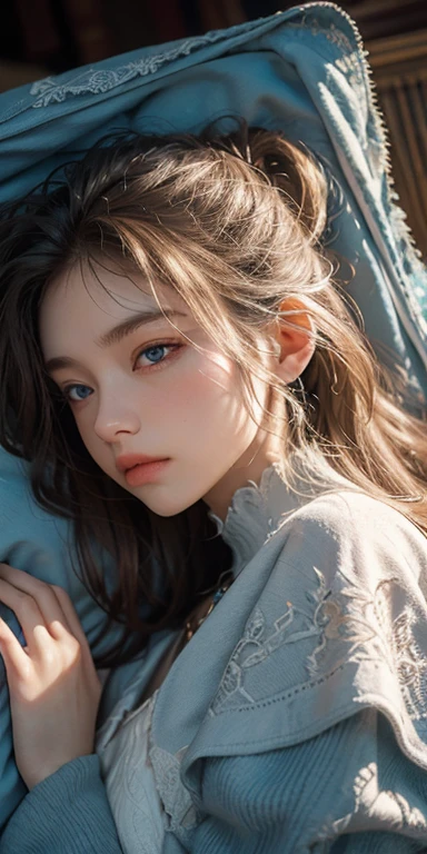 (masterpiece: 1.2, Portraiture, Highest quality), Realistic, (Live Action, Intricate details, Written boundary depth), Highest quality, masterpiece, Attention to detail, semi-Realistic, Girl sleeping in bed, shy, 21 years old, Short Blonde, Hair in the left eye, blue eyes, Royal dress, Slim figure、Canopy bed、 sleeping beauty,