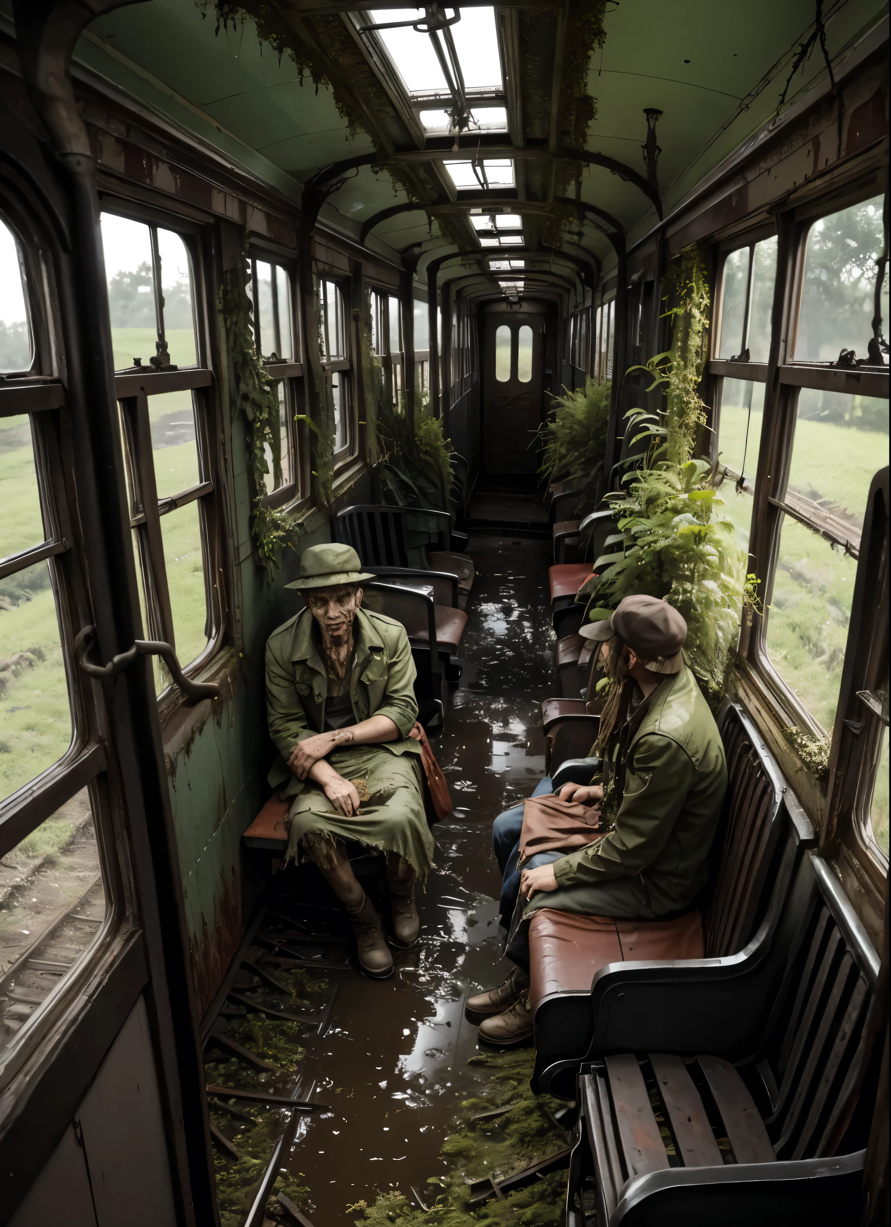 a zombie sit in the old train, train full with plants and mossy, mud and puddles on the floor