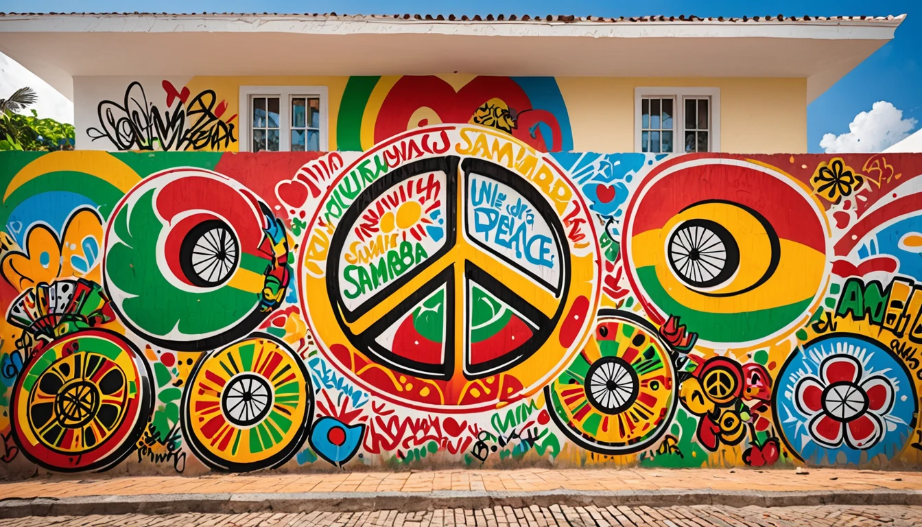 Graffiti on the wall of a white house,The inside of the peace sign is made with Rasta colors,Also draws the musical instruments Cuica and Samba drums