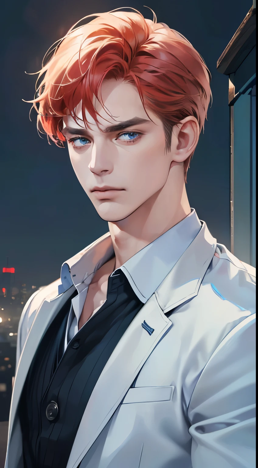 (best quality, masterpiece, 8K, photorealistic, cinematic lighting, 1:4 hdr image, ultra detailed, beautiful image), a mature man, 34 years very handsome, ((cold expression)), short red hair, blue eyes, face perfect without mistakes, ((buttoning his jacket, CEO))