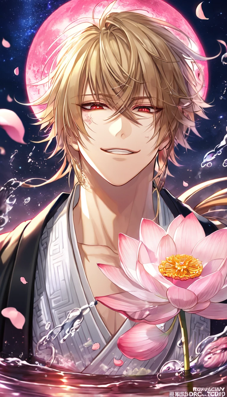 absurdres, highres, ultra detailed, HDR, master piece, best quality, extremely detailed face, delicated features, Kazama Chikage, dark blonde hair, expressive red eyes, Hakuouki, solo, sexy man, handsome, smile, white kimono, black haori, pink lotus, pink petals, water, magical, fantasy, pink moon, starry sky, envy magical