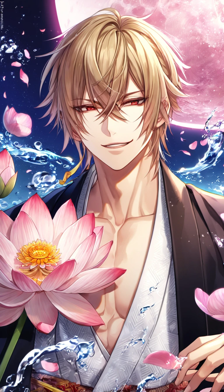 absurdres, highres, ultra detailed, HDR, master piece, best quality, extremely detailed face, delicated features, Kazama Chikage, dark blonde hair, expressive red eyes, Hakuouki, solo, sexy man, handsome, smile, white kimono, black haori, pink lotus, pink petals, water, magical, fantasy, pink moon, starry sky, envy magical