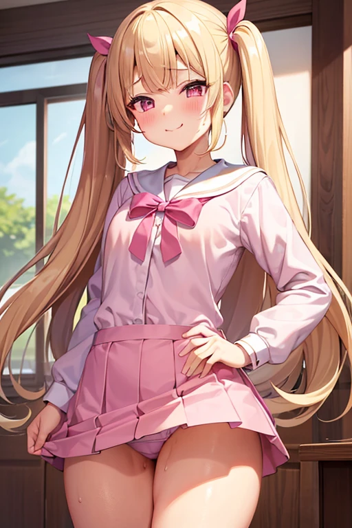 pretty girl、Young face、Blonde、Twin tails、Wavy Hair、Pink eyeischievous face、Spoiled brat、uniform、（Sailor suit）、Immature body、Small breasts、smile、Sweat、sexy panties、（Thick thighs:1.5）