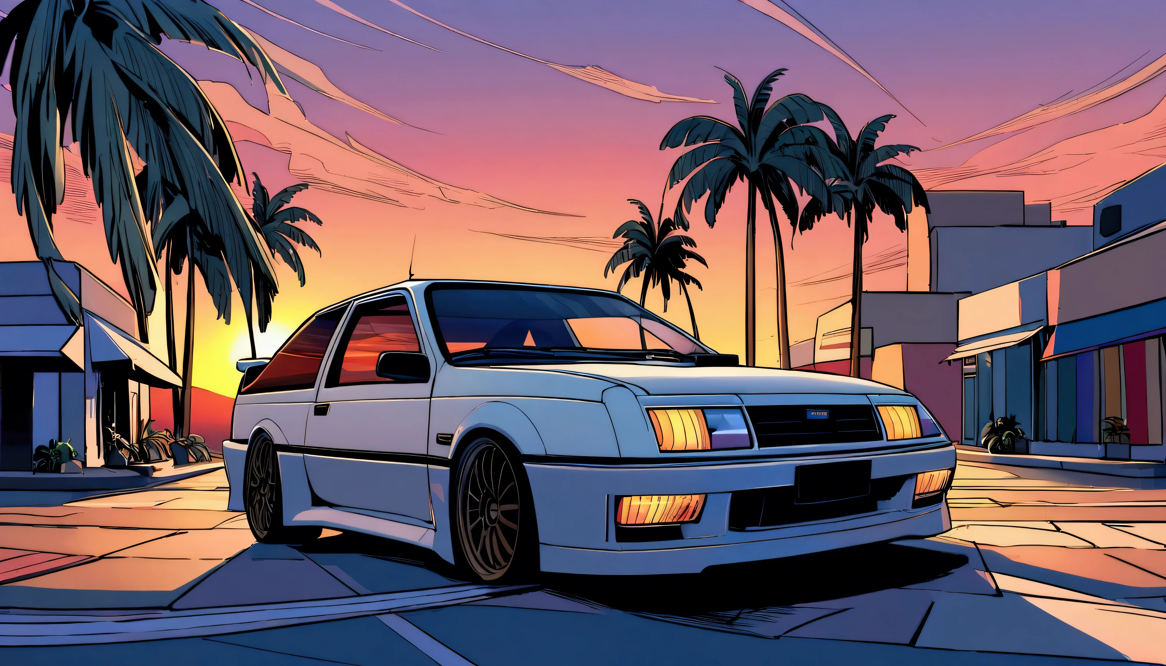 ((TShirt Design)), Ford Sierra RS Cosworth(1985), Sunset background, Palm tree, Layers with 5 colors, Corner Street, Belek's Drums, Plethean,