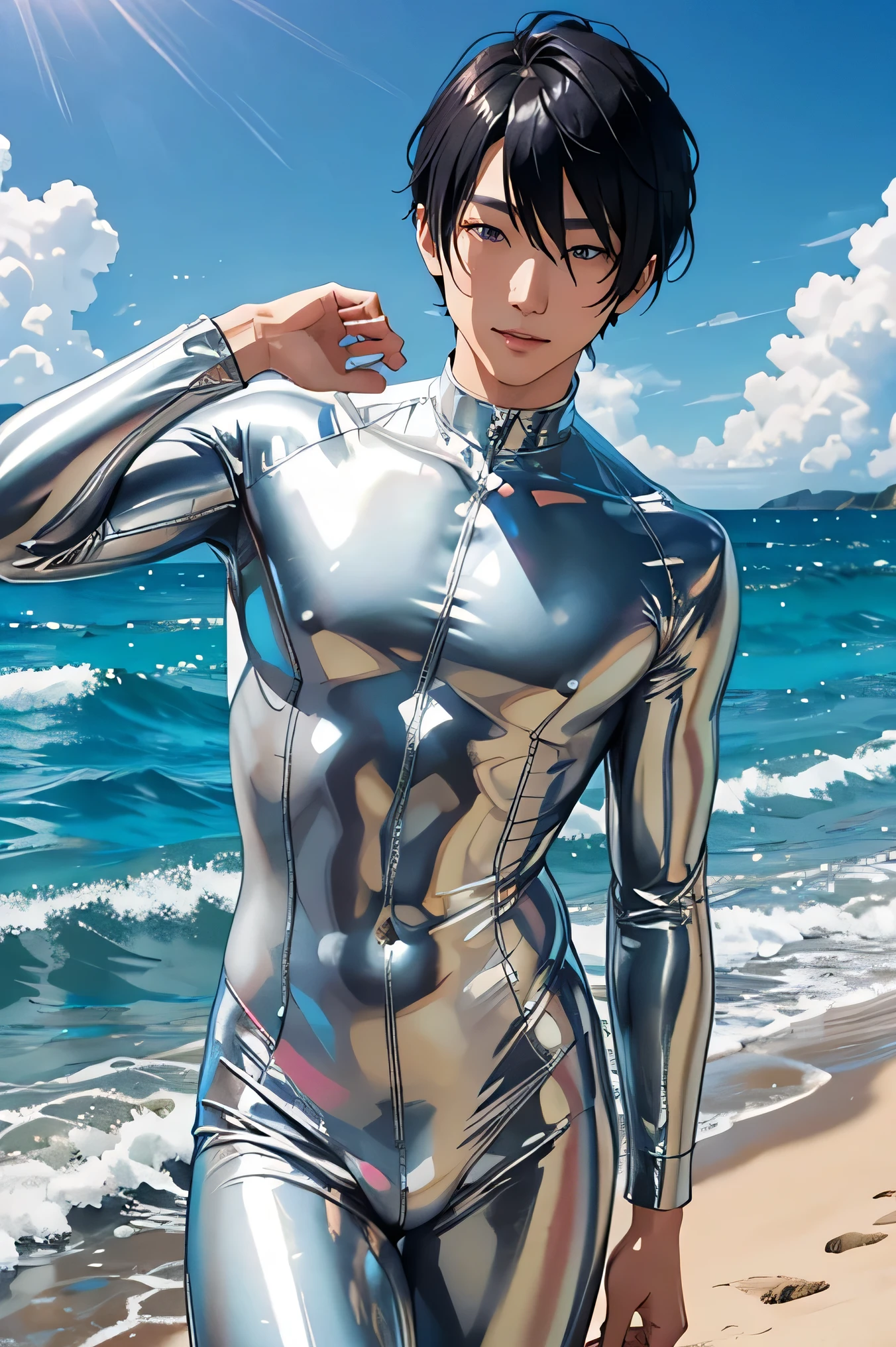 Handsome Japanese male models Black Hair Short cut Slim figure barefoot smile looking at the camera soaked Ocean Shiny white and silver suit A shiny silver latex suit that covers the skin Bulge Close-up bright blue sky