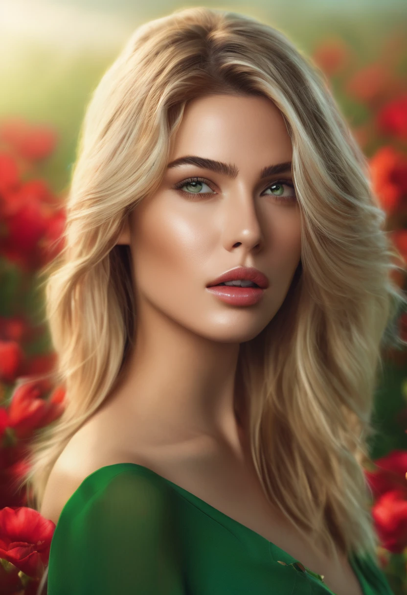 You can create an image of a blonde woman&#39;s face, with long wavy hair, with very light green eyes, thick red lips, She wears a dark green dress, She is based on a fictional character inspired by the model Antoni Freya Lydia 