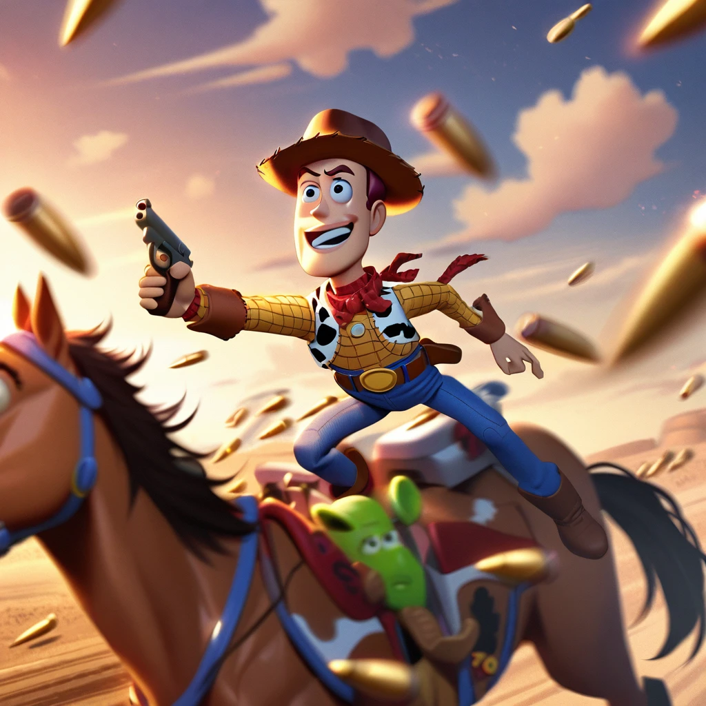 (Toy Story),(Woody) ride on horse holding gun, motion blur, bullets, extremly detailed