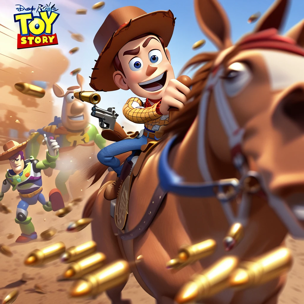 (Toy Story),(Woody) ride on horse holding gun, motion blur, bullets, extremly detailed
