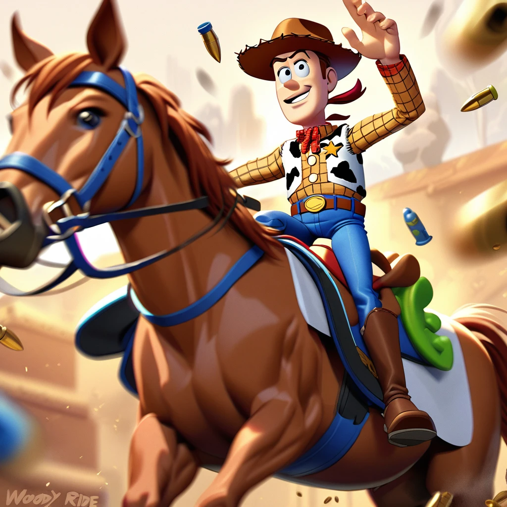 (Toy Story),(Woody) ride on horse holding gun, motion blur, bullets, extremly detailed