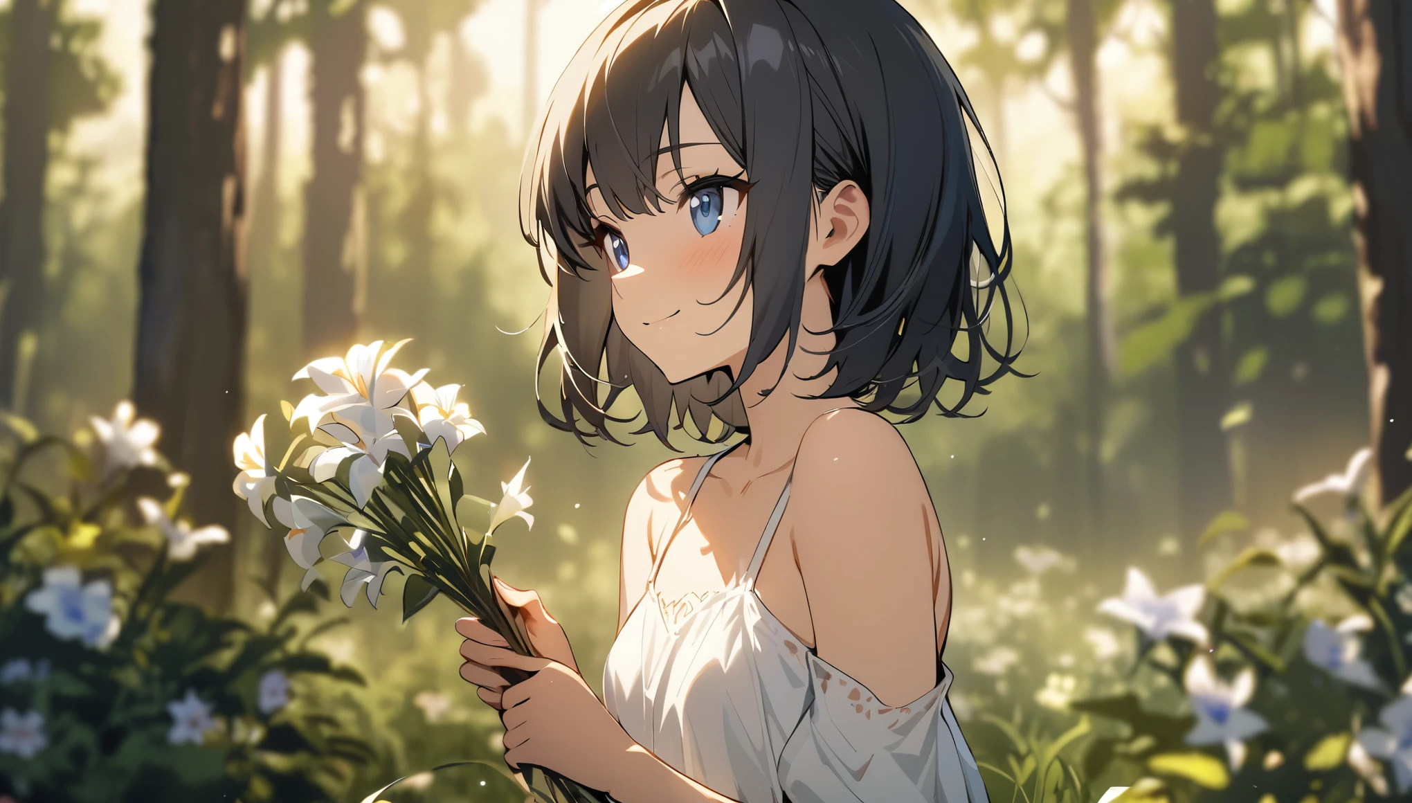 masterpiece,best quality,ï¼ 1girl, beautiful 1girl, solo, gentle smile on her face flat chest, short hair, black hair, beautiful blue eyes, sitting on grass, flowers, holding flowers, warm lighting, white dress, blurry foreground, (forest:1.5)