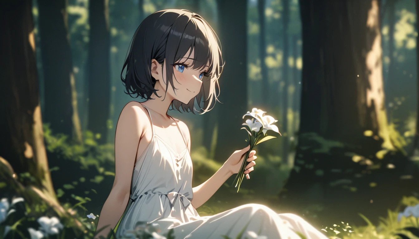 masterpiece,best quality,ï¼ 1girl, beautiful 1girl, solo, gentle smile on her face flat chest, short hair, black hair, beautiful blue eyes, sitting on grass, flowers, holding flowers, warm lighting, white dress, blurry foreground, (forest:1.5)