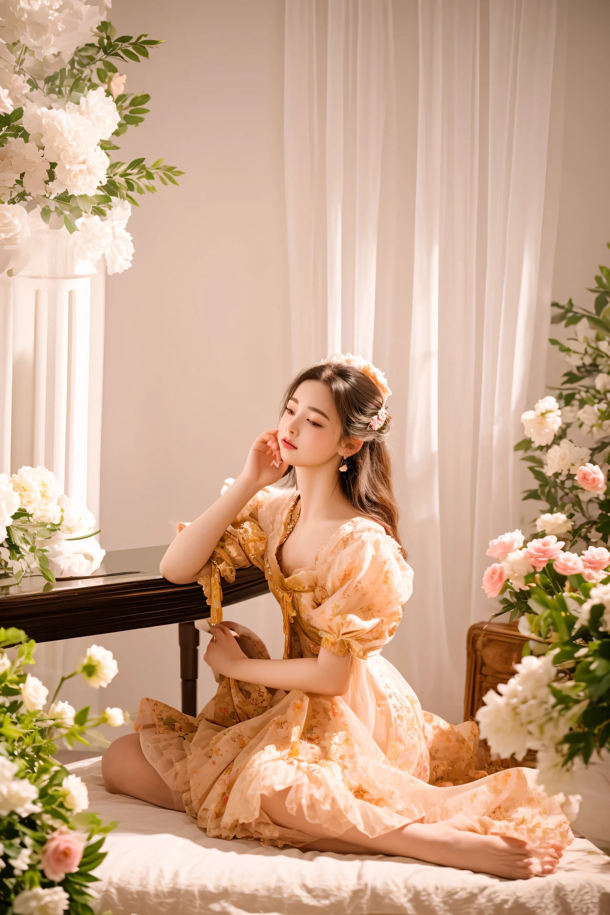 there is a woman sitting on a bed in a dress, lady with glowing flowers dress, rococo queen, romantic dress, in romantic style, with backdrop of natural light, captured on canon eos r 6, dreamy and ethereal, taken with canon eos 5 d mark iv, ethereal fairytale, palace , a girl in hanfu, belle, cyarine, royal elegant pose