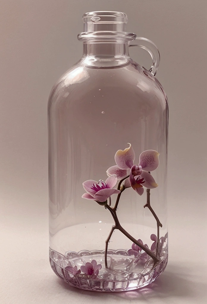 Breathtaking surreal image of a bottle made of dozens of tiny and stunning orchid flowers, a feeling of deep and delightful relaxation. The bottle is completely isolated in a smooth baby pink background, soft and pampering texture, soft and pampering feeling, the flowers in soft and delicate cream shades. The flowers do not leave the outline of the bottle. You don't see the glass of the bottle, only full of dense flowers that together form the shape of a bottle.