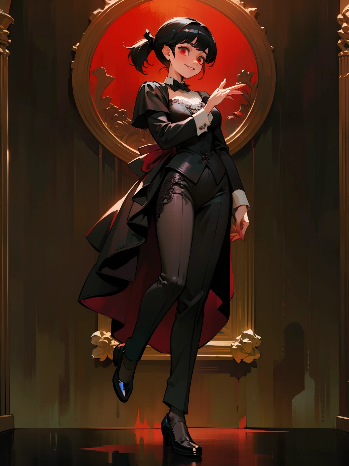 butler outfit, short black hair, pony tail, maroon red eyes, bangs, Gothic art, full body shot, elegant pose, smile, Romanticism, masterpiece, anatomically correct, high quality, super detail, best quality, 4K, 8k
