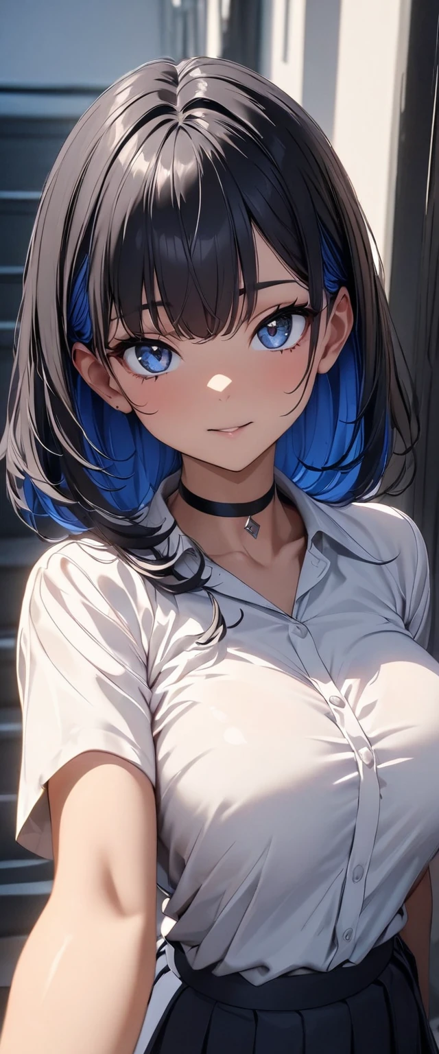 (high quality, 8k, 4K, High Contrast, masterpiece:1.2, 最high quality, Best aesthetics), 1 Female, (Real skin texture:1.3), (Film Grain:1.3), (Selfie angle, High angle), One girl, Beautiful and detailed eyes and face, 最high quality, close, cowboy shot blackshorthair , disposable mask Blue inner hair Whiteshirt darkBlue skirt White shirt choker
