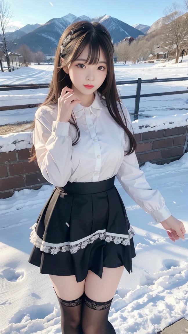 1 girl, Squint, Bangs,stocking，Lace，skirt，outdoor，snow，snow花