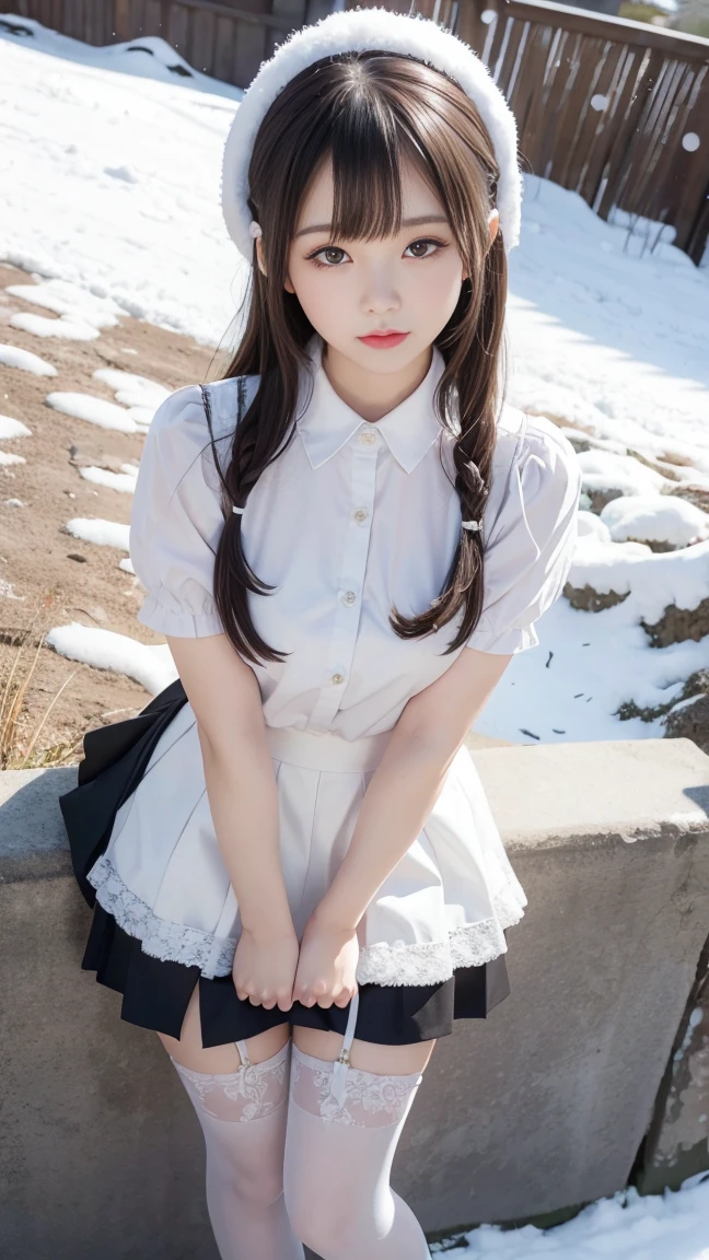 1 girl, Squint, Bangs,stocking,Lace,skirt,outdoor,snow,snow花