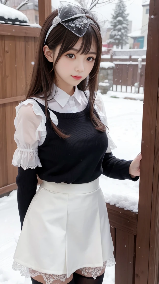 1 girl, Squint, Bangs,stocking,Lace,skirt,outdoor,snow,snow花
