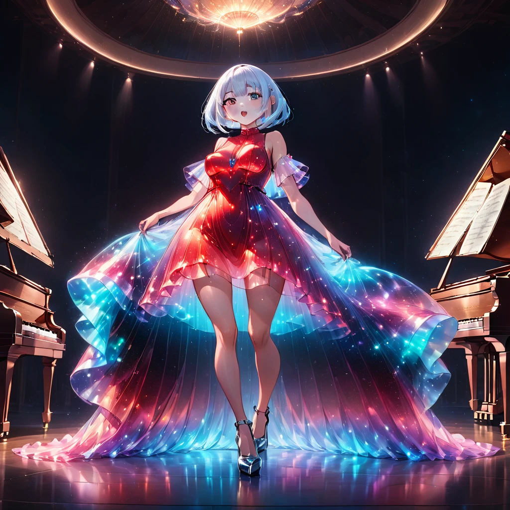 (best quality, masterpiece, absurdres, highres, ultra-detailed, extremely detailed, 32k, cinematic scene, detailed background), (full body:1.2), 1 girl, solo, perfect face, (platinum silver hair:1.5), (airy bob cut:1.6), (bang between eyes:1.4), (glossy silver eyes:1.5, large eyes), large breasts, Draw the outline in white,Gentle colors,Translucent vinyl dress,bioluminescent dress,Fantasy,dream, black highheel, (red large cosage on her hair), large hall, play large grand piano, Looking up at the ceiling, open mouth, The spotlight is shining on the piano,