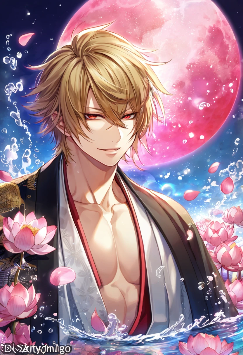 absurdres, highres, ultra detailed, HDR, master piece, best quality, extremely detailed face, delicated features, Kazama Chikage, dark blonde hair, expressive red eyes, Hakuouki, solo, sexy man, handsome, smile, white kimono, black haori, pink lotus, pink petals, water, magical, fantasy, pink moon, starry sky, envy magical
