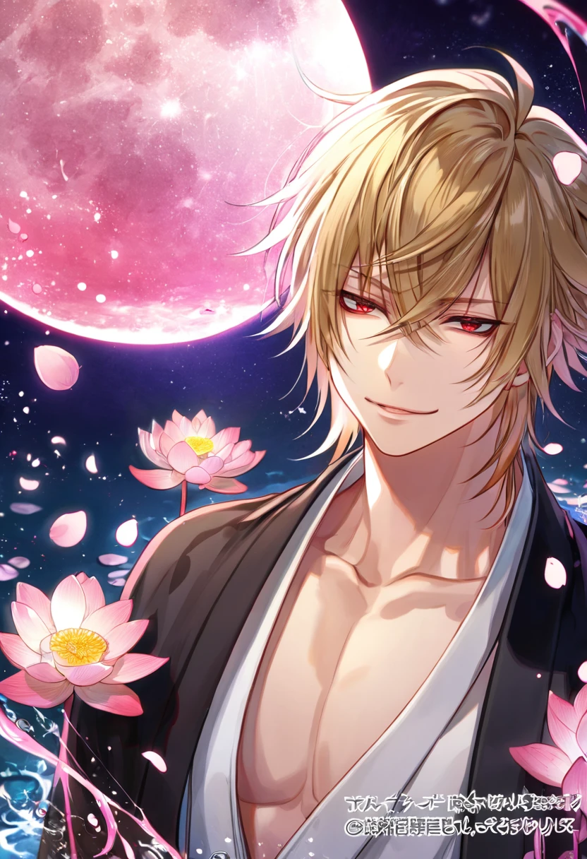 absurdres, highres, ultra detailed, HDR, master piece, best quality, extremely detailed face, delicated features, Kazama Chikage, dark blonde hair, expressive red eyes, Hakuouki, solo, sexy man, handsome, smile, white kimono, black haori, pink lotus, pink petals, water, magical, fantasy, pink moon, starry sky, envy magical