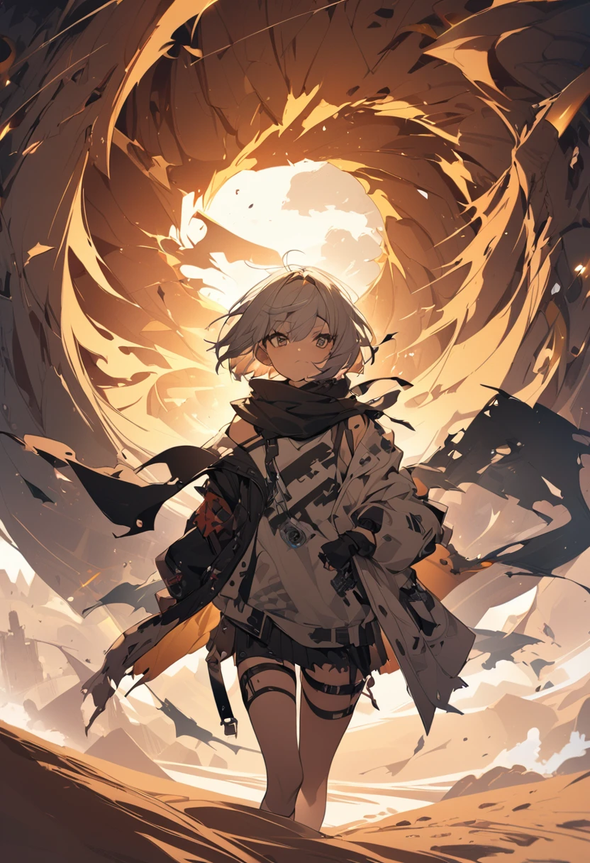 desert、punk。Tattered clotheasterpiece,Highest quality)),One girl,Beautiful attention to detail,Short Hair、Dynamic composition、Wearing a scarf