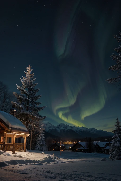 Aurora, winter, mountain, night, masterpiece, best quality, number, illustration, Anime style background, landscape, background, Low exposure, 4K resolution, Extreme details, Very detailed, light, Trees, Comfort, architecture