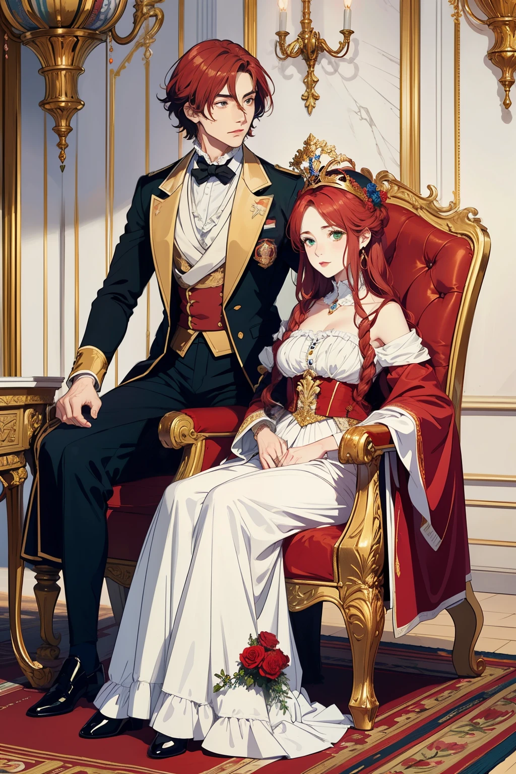 ((Best Quality)), (detailed) couple, red hair, seductive and serene green eyes, White skin, seated on a throne and crowned with golden laurels, they look like brothers.
a paraguayan flag hanging. 1845 vases with burucuyá flowers and roses.
supreme and royal atmosphere.  ((19th century)), ((anime))