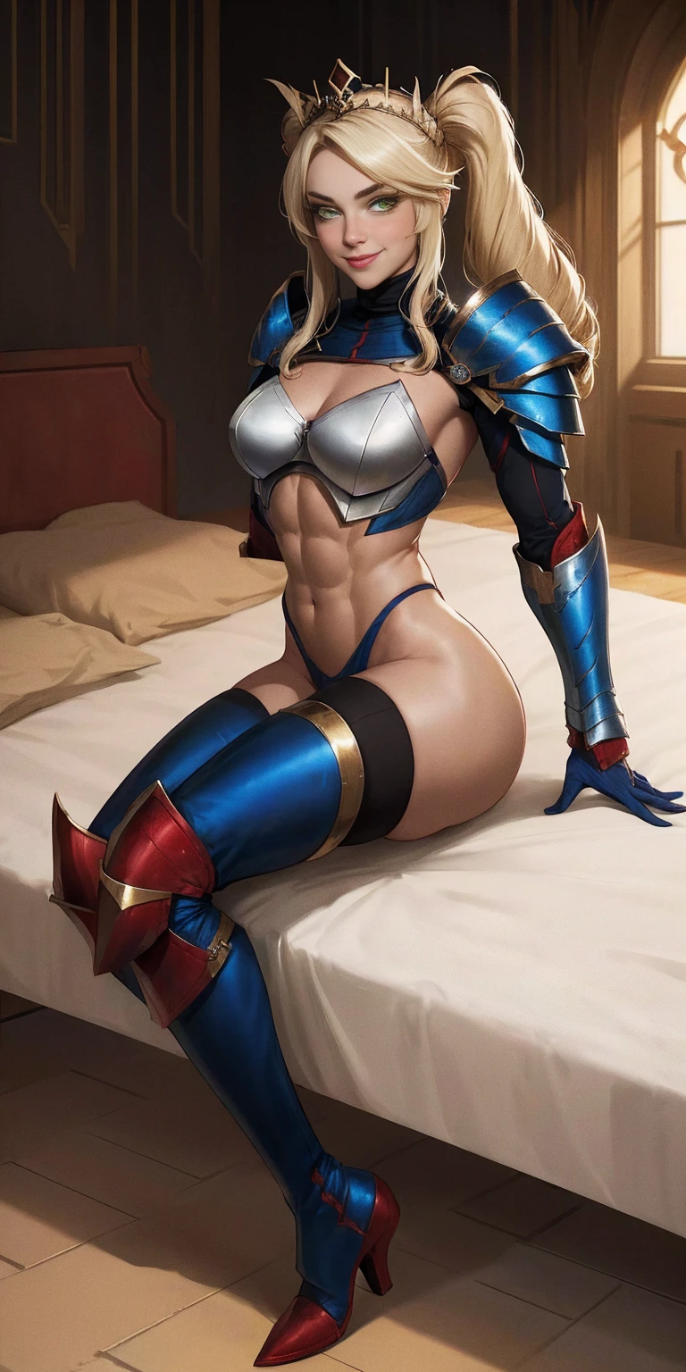 Lancer Artoria body (Alexis Texas Face), elegant adult female, blonde, green eyes (yellow eyelashes) crown, turtleneck, full body sitting on a bench, showing ass to me, RED breastplate, RED skin (1SologirlRED skin:1.2), looking at viewer, shiny, armor, thigh highs, high boots, pauldrons shoulder armor, faulds, poleyn, RED gloves gauntlets, rerebrace, RED military armored boots, yordle muscular lean platinum blonde long twin tails hairstyle at the bedroom lustful smirking smile face red blushed, blush, strong abs, female body builder, tiara, twin drills hair, (masterpiece, best quality, ultra detailed, best shadow)
