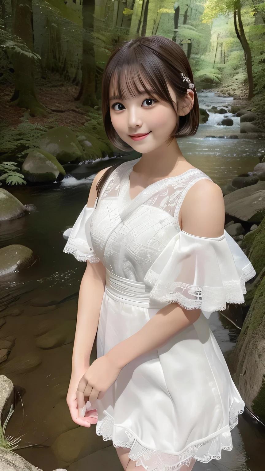 (8k, Highest quality, Masseter muscle area, Ultra-high resolution:1.2),Japanese women photos, ((Cute Girl)),（Short Hair）,************, White lace dress, smile, Standing by a stream in the forest,In the forest with light, Are standing,