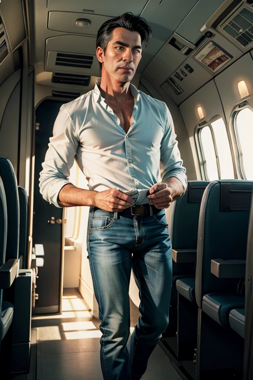 RAW photo of an elegant man, 50 years old, European, light green eyes, black hair blurred background, full body plane, blue jeans, white shirt, looking at camera, cinematic, small details, photorealistic, ultrarealistic photo, 8k uhd, dslr, soft lighting, high quality, film grain, Fujifilm XT3, (masterpiece),